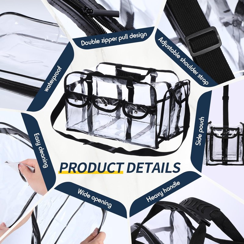 Abbylike 2 Pcs Large Professional Clear PVC Travel Makeup Bag with 4 External Pockets and Shoulder Strap Zippered Toiletry Bags for Women(Black)