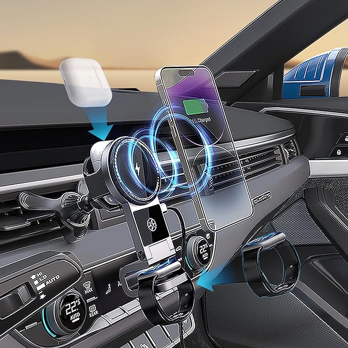 Fannasi 3 in 1 Wireless Car Charger, 15W Fast Charging Phone Holder Foldable Magnetic Mount Fit for All iPhone Android Phone, iWatch, Airpods Wireless Earphone
