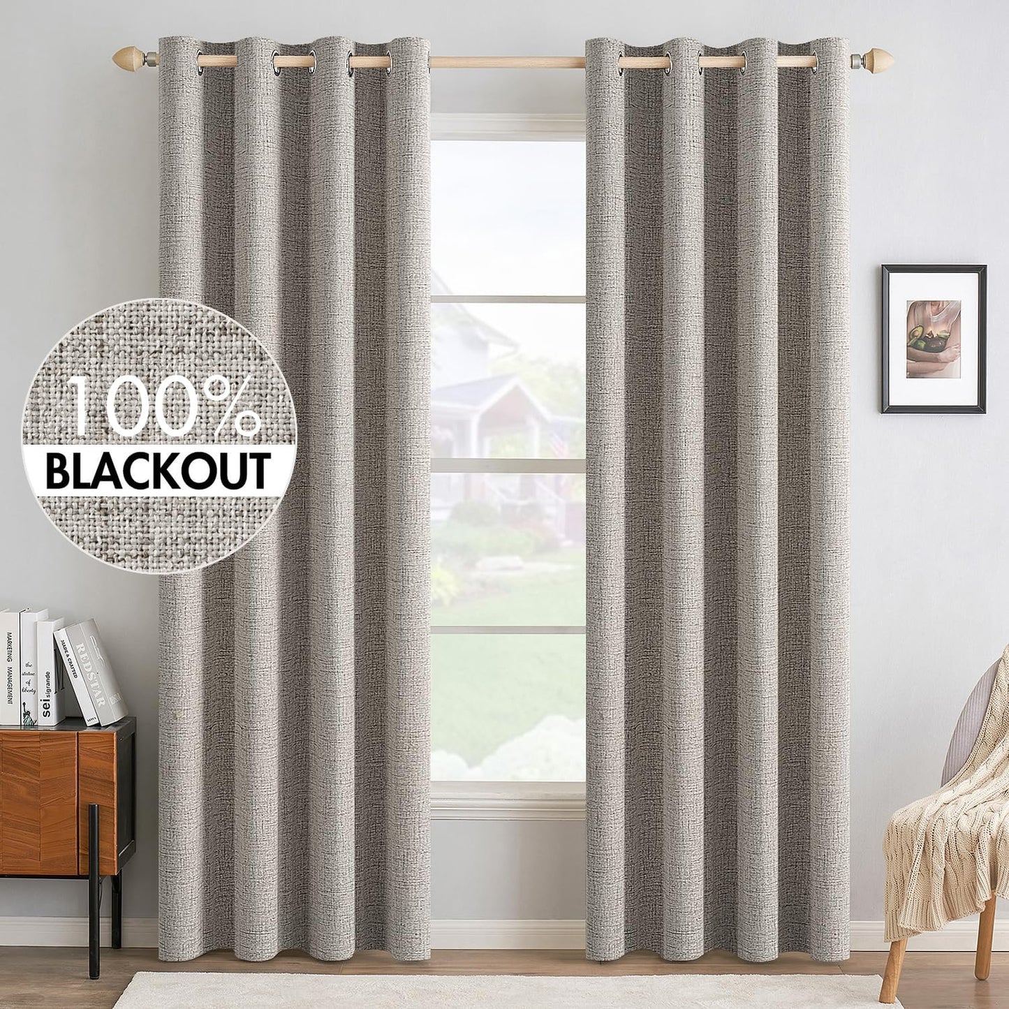 MIULEE 100% Blackout Linen Textured Curtains - Thermal Insulated Warm Taupe Drapes | 52 x 90 Inch (2 Panels)