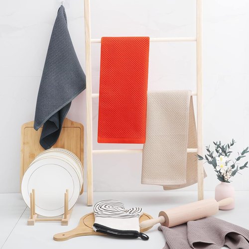 Homaxy Kitchen Dish Towels - 100% Cotton Waffle Weave, Ultra Soft & Absorbent, 13 x 28 Inches, 12-Pack, Beige
