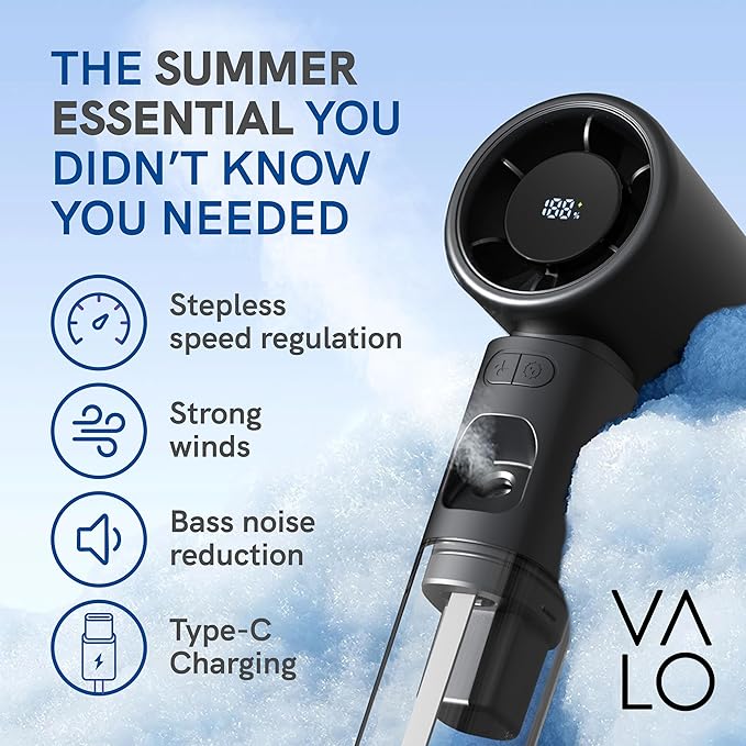 ValoInv Valo Portable Rechargeable Fan - Mini Cooling Fan for Travel, USB Desk Personal Fan with 100 Speeds, Water Cooling Technology, 50ml Tank, Quiet Operation, 2,000 mAh Battery - Arctic White