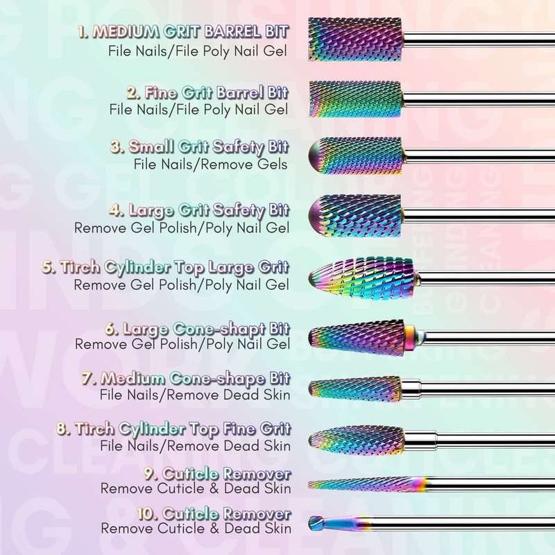 Makartt Nail Drill Bits Set:10Pcs Dimond Tungsten Carbide Nails Bits,3/32 Inch for Acrylic Gel Nails Cuticle Tools,Remove Acrylic Poly Nail Gel Nail Polish B-36,Bit Kit Manicure Pedicure Home Salon