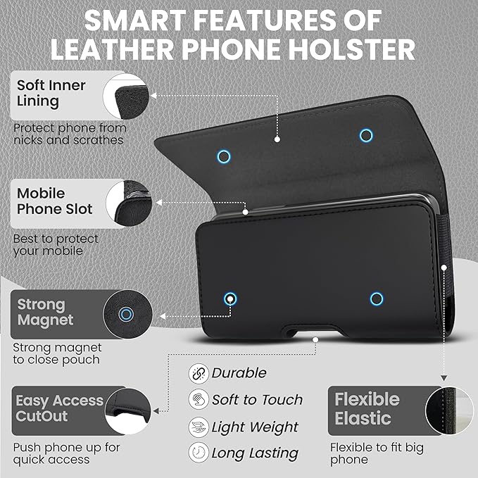 Wireless City Leather Phone Holster for iPhone 17/17 Pro 16/16 Pro/16e 15/15 Pro 14/14 Pro 13/13 Pro 12/12 Pro 11 XR Horizontal Belt Clip & Loop Phone Pouch Magnetic Closure Phone Holder for Men Black