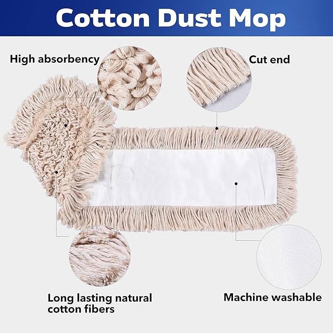 Matthew Cleaning 24'' Cotton Dust Mop Refill Washable Thick Tufted Replacement Heads for Residential & Commercial Use Fit All 24'' Dust Mop Frames, Hardwood, Laminate, Concrete Floors 3 Pack