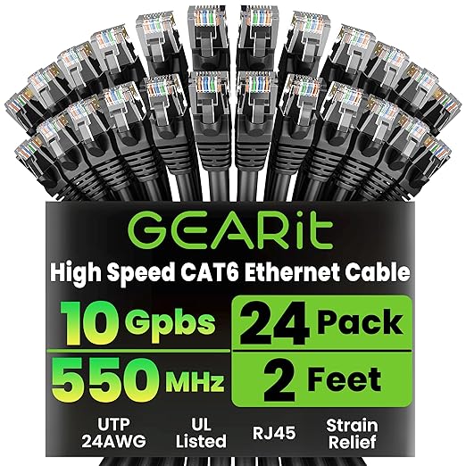GEARit Cat 6 Ethernet Patch Cables 2 ft Black (Cat 6 Ethernet Cables 2 ft 24-Pack), CAT6 High Speed 24AWG 10Gbps RJ45 Snagless Gold-Plated, Ethernet Cable for Router, Switch, PC, PS5 Gaming, Server