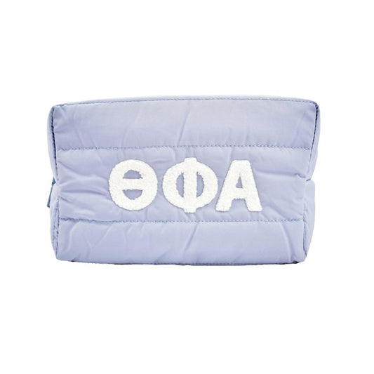 Sorority Shop Theta Phi Alpha Makeup Bag - Puffer Style with Sorority Letters, Travel Cosmetic Bag with Zipper Closure, Perfect Theta Phi Alpha Sorority Gifts for Women