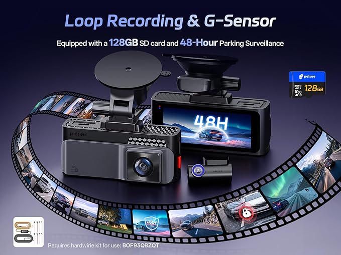 Pelsee S3 Touch 4K Dash Cam Front and Rear, STARVIS 2 Sensor, STARLIT™ Full Color Night Vision, 128GB Card, WiFi 6, ADAS, Dash Camera for Cars with 3.39"IPS Screen, Voice Control, 24H Parking Mode GPS