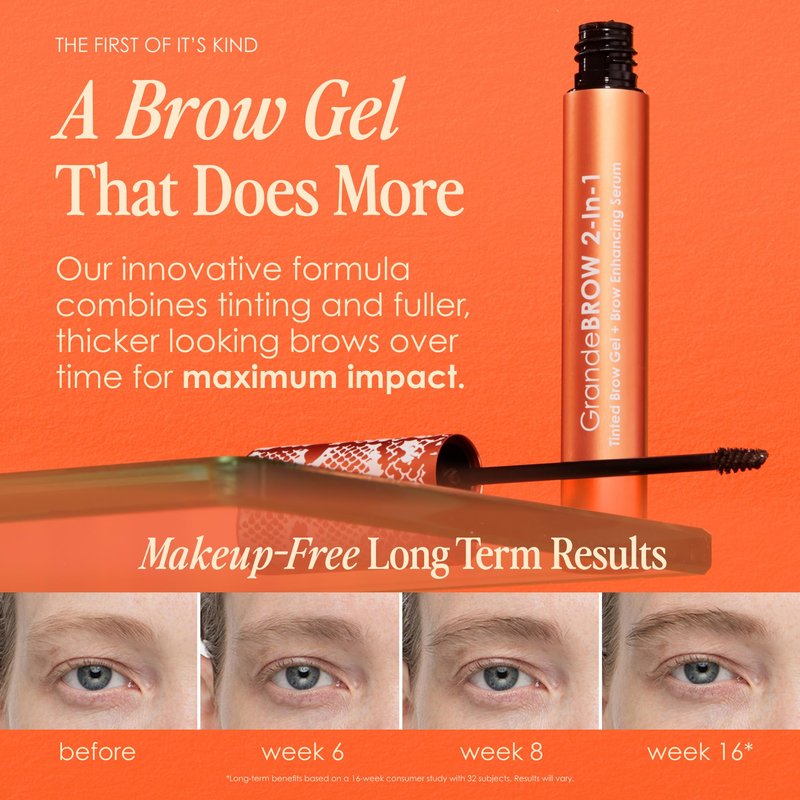 Grande Cosmetics GrandeBROW 2-in-1 Tinted Brow Gel + Brow Enhancing Serum for Thicker & Darker-Looking Eyebrows, Shape & Fill Brows, with Castor Oil & Mini Fibers - Auburn, Travel Size (0.07 fl oz)