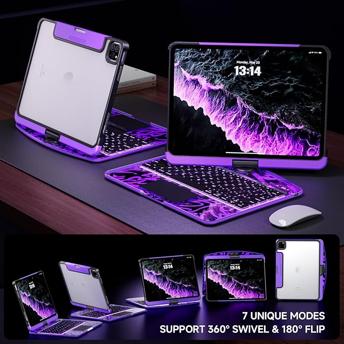 Transparent Case with Keyboard iPad Air 11 Inch (M4/M3/M2, 2026/2025/2024)/ iPad Air 5th/4th Generation 10.9" / iPad Pro 11" 1st/2nd/3rd/4th Trackpad, Pencil Holder, 7-Color Backlit, Rotatable, Purple