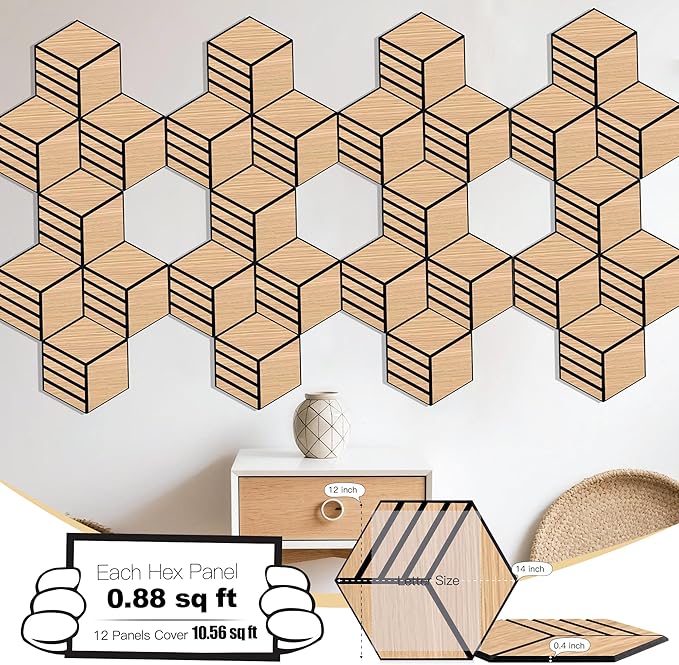 Mollywell Acoustic Panels, PVC Wood-Grain, 14x12 Inch Hexagon Carved Sound Proof Wall Tiles, Self-Adhesive High Density Felt for Home Theater/Studio/Office Echo Reduction, 12 Pack Natural Oak, S4