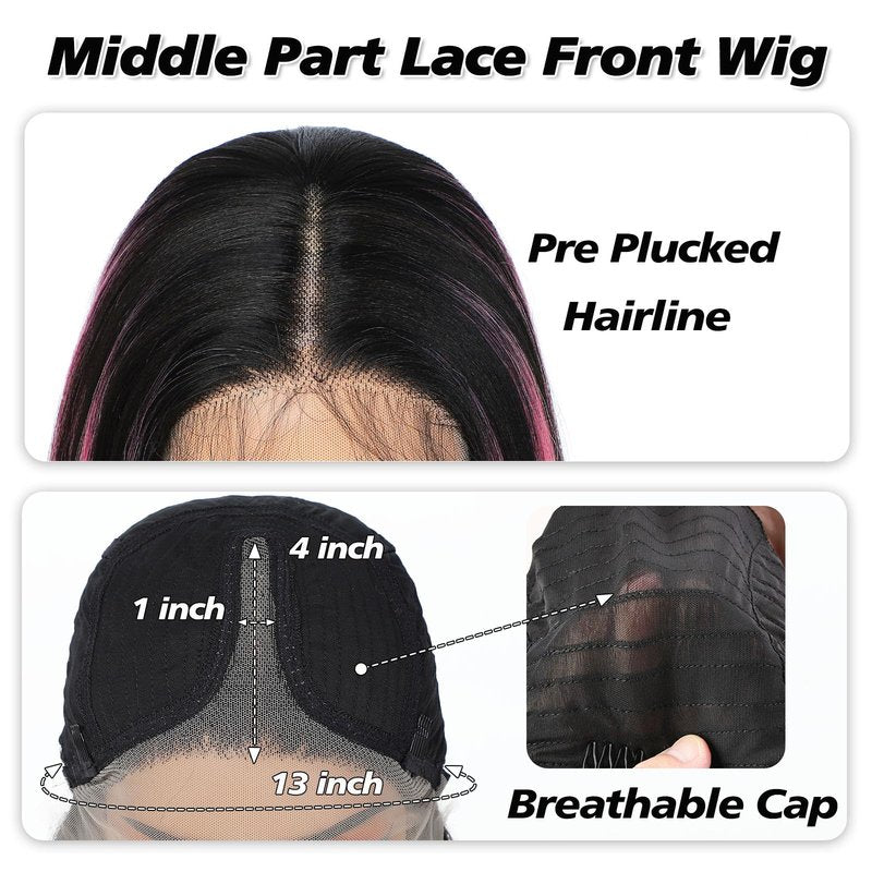 FABÉLLE Black and Pink Highlight Wig Lace Front Wigs Pre Plucked with Baby Hair Glueless Wig 26 Inch Long Straight for Women Pink Color Forehead Synthetic 13×4×1 Lace Front Wig