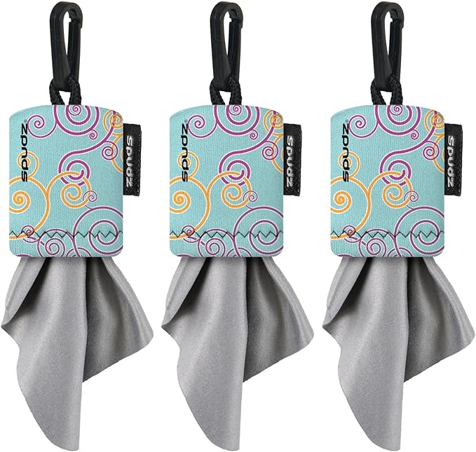 SPUDZ Classic Microfiber Lens Cleaner – Clip-On Pouch, Washable – for Binoculars, Scopes, Glasses, Screens | Classic | Baby Blue Swirls, 6 x 6 Inch (3-Pack)