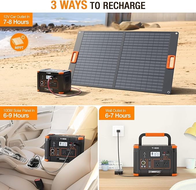 500W Portable Power Station, Solar Generator 519.48Wh (Peak 1000W) Lithium Battery Power Generator with 2 * 120V AC Outlets, Mobile Battery Backup Pack for RV Trip Camping, Outdoor Adventure, Home