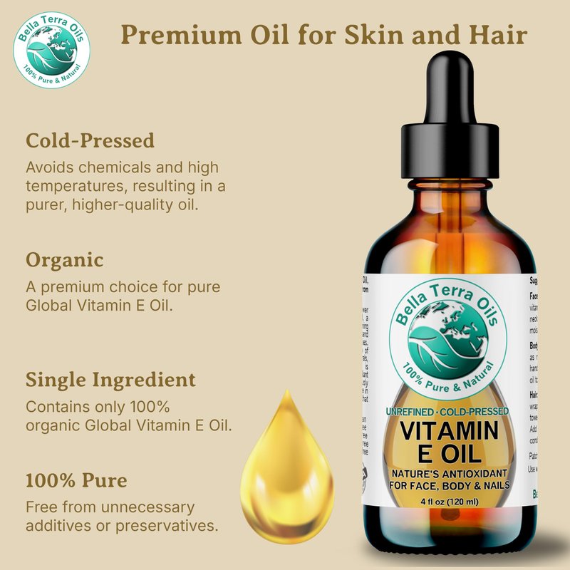 Bella Terra Oils Natural Vitamin E Oil 8oz – Moisturizing Wheat Germ Oil for Face, Body & Hair Care