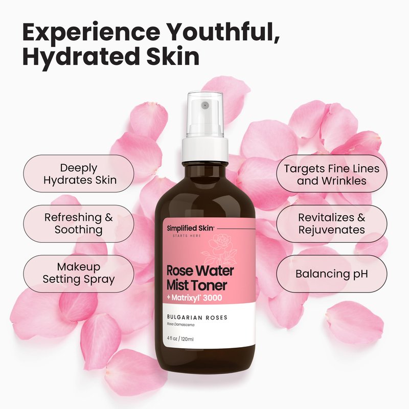 Rose Water Spray for Face with Matrixyl 3000, Glycerin & Aloe Vera - Rosewater Face Mist & Toner - Hydrates, Reduces Fine Lines & Boosts Collagen Production - 4 Fl Oz