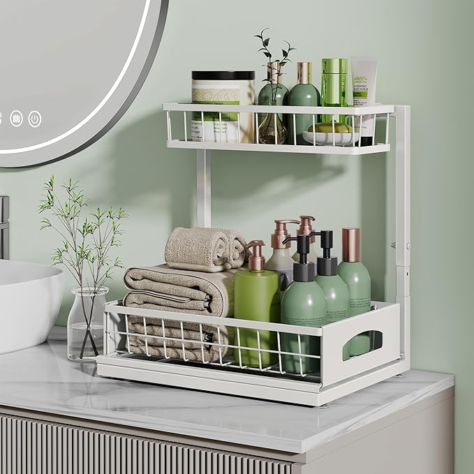 Under Sink Organizer, 2 Pack Height Adjustable Cabinet Organizer with Slide Out Drawer, Pull Out Under Sink Storage, Multi-Purpose 2 Tier Sink Shelves for Kitchen Bathroom Pantry (White, 2 Pack)