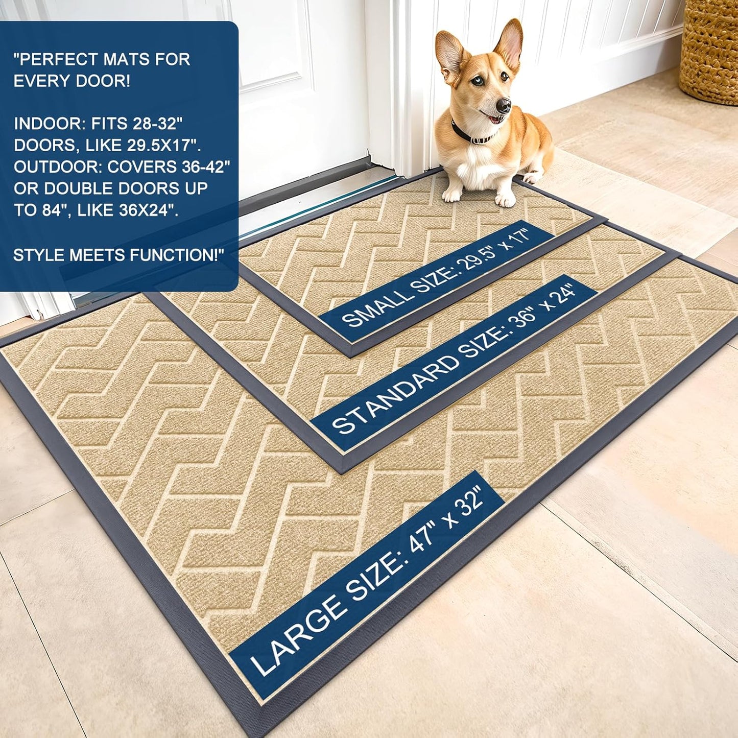 OLANLY Indoor Outdoor Front Door Mat - Waterproof All-Season Herringbone Design | Easy Clean, 47x32 Beige