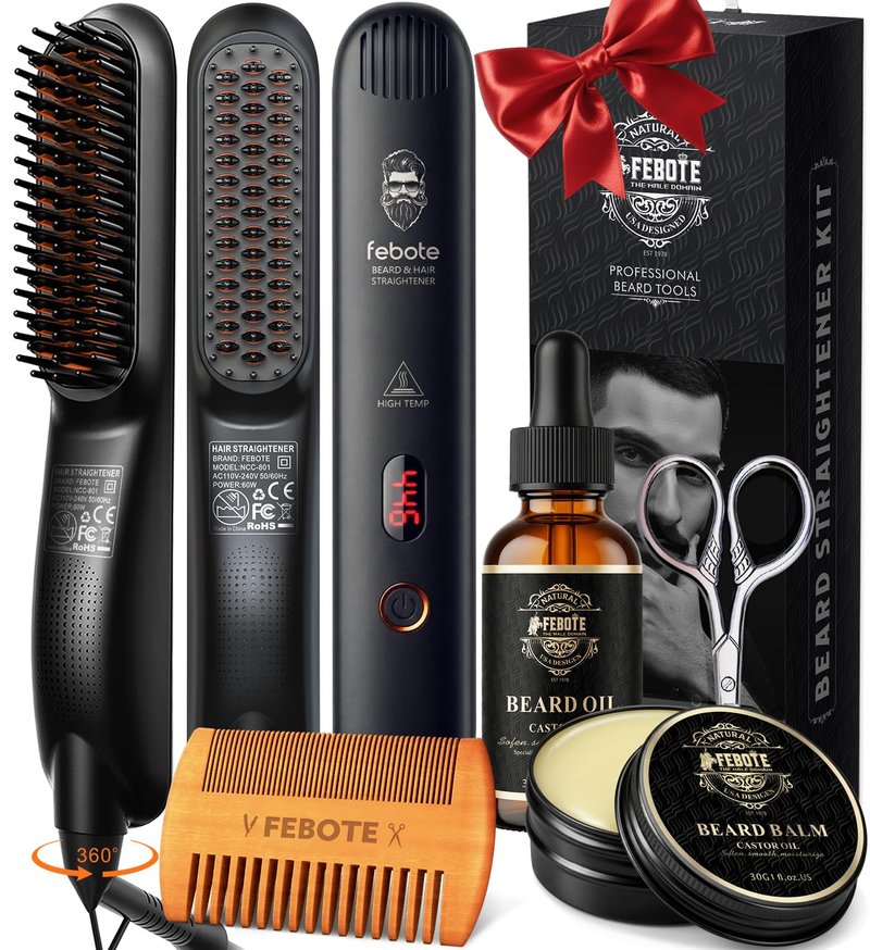 Beard Straightener Kit w/Beard Straightener, Beard Balm, Beard Growth Oil, Beard Styling Comb & Scissors, Upgraded 5-in-1 Beard Straightening, Unique Stocking Stuffer Gifts for Friend, Father & Him