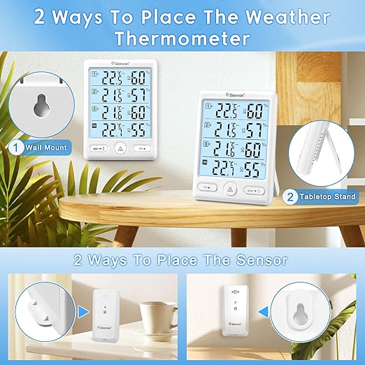 Geevon Indoor Outdoor Thermometer Wireless, 5-Inch Display Digital Hygrometer Thermometer Temperature Humidity Monitor with 3 Remote Sensors and Backlight, Battery-Powered