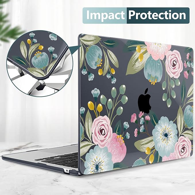TWOLSKOO for M2 MacBook Air 13.6 Inch Case 2022 A2681 with Touch ID, Plastic Hard Shell Cover Screen Protector & Keyboard Trackpad Film 13 2022, Seamless Floral (A2681 M2)