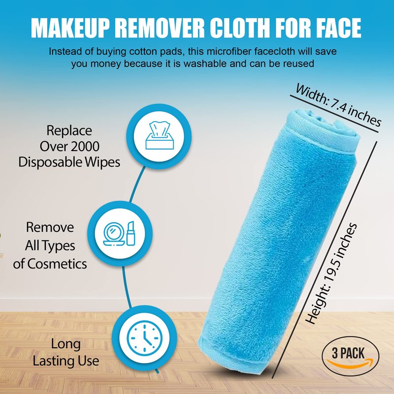 Makeup Remover Face Towel for Women - Quick Dry Wash Cloth for Gentle Facial Cleansing | Reusable Pack of 3