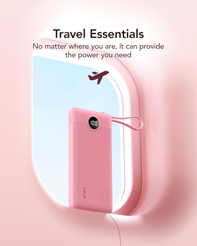 VRURC Portable Phone Charger, Travel Portable Charger with 4 Cables, 5 Outputs Slim USB C Power Bank for Hiking Camping Business, Built-in Cables for Multi Devices,Android-Barbie Pink(1 Pack)