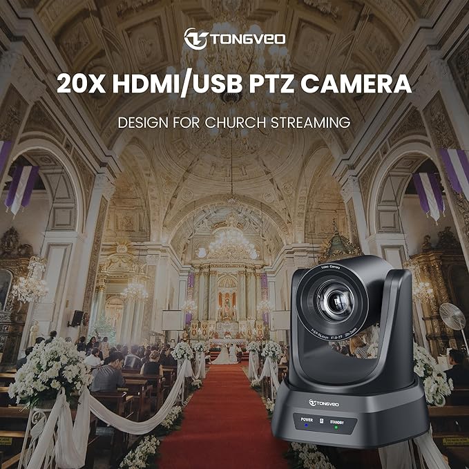 TONGVEO Conference Room PTZ Camera System with 20X Optical Zoom, AI Auto Tracking 1080P 60fps HDMI USB Webcam for Church Streaming Online Video Conference,Compatible with Zoom, OBS Easy Setup