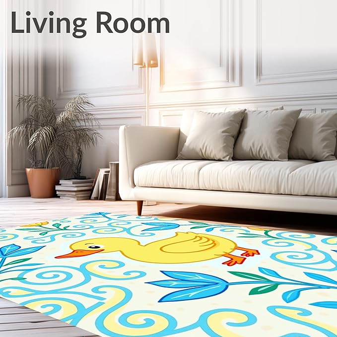 Flatwoven High Traffic Area Rug 2x3, Whimsical Pond Life with Floating and Floral Swirl, Non Slip, Stain Resistant, Washable Area Rugs for Living Room, Bedroom (Yellow, 2x3)