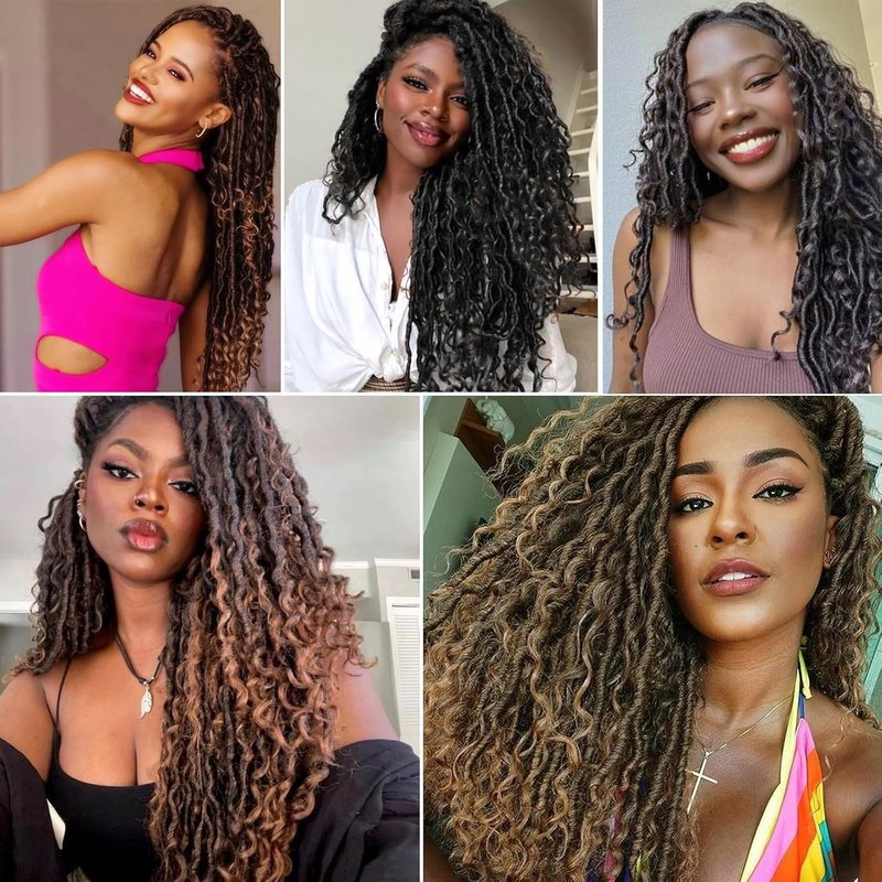 Ombre Burgundy Red Boho Goddess Locs Crochet Hair - 22 Inch, 8 Packs Synthetic Faux Locs with Curly Ends