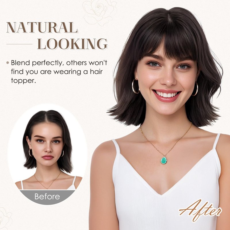 S-noilite Human Hair Toppers for Women with Bangs 100% Real Human Hairpiece 5"x3" Clip in Silk Base Topper Piece Cover Thinning Fine Hair 12 inch Chocolate Brown