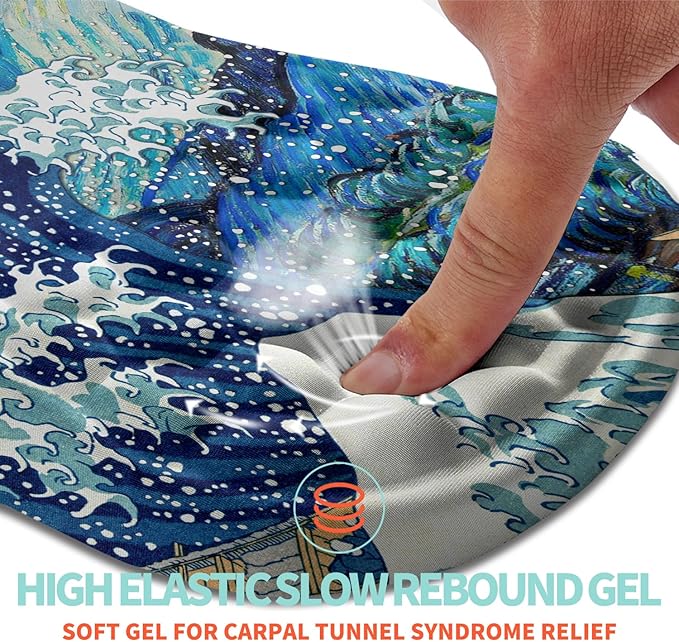 Kuosgm Ergonomic Mouse Pad Wrist Support with Memory Foam Massage Bulge, Carpal Tunnel Pain Relief Mousepad Wrist Rest for Mouse(12x8 inch,Wave Starry)