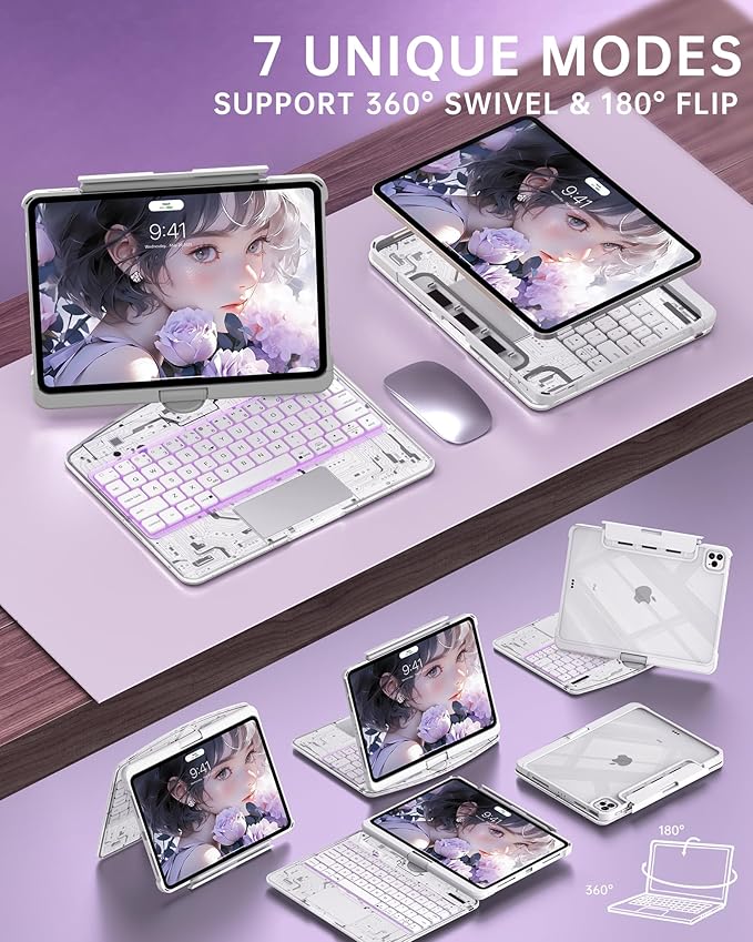 Intermerge Transparent Case with Keyboard for iPad Air 11"(M4/ M3/ M2, 2026/2025/ 2024), Air 5th/4th, Pro 11" 2022-2018, 360° Swivel Multi-Touch Trackpad, 7-Color Backlit, Pencil Holder, Frost Pulse