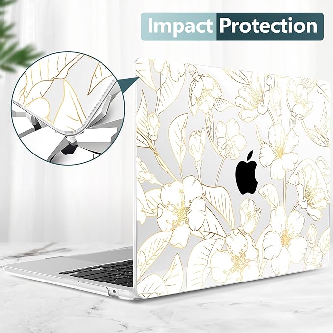 TWOLSKOO for MacBook Air 15 inch Case 2025 2024 2023 Release M4 A3241 M3 A3114 M2 A2941, Plastic Hard Shell & Screen Protector & Keyboard Cover & Type C Adapter, Gold Cherry Blossom