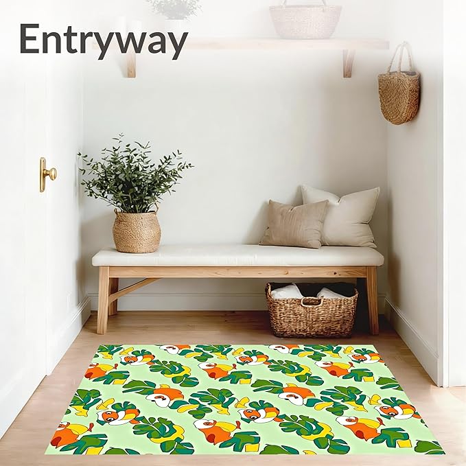 Flatwoven High Traffic Area Rug 4x6, Playful Duckling Adventure with Interlocking Leaf Design, Non Slip, Stain Resistant, Washable Area Rugs for Living Room, Bedroom (Green, 4x6)