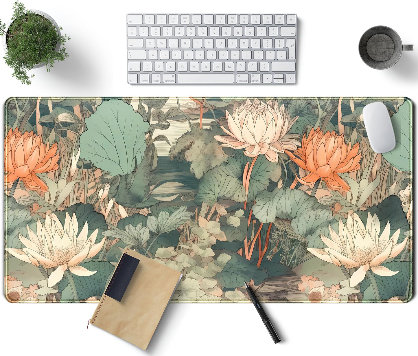 Light Emerald and Orange Floral Desk Mat, XXL Large Extended Mouse Pad Gaming Desk Pad, Aesthetic Asian Lotus Flower Big Laptop Keyboard and Mouse Mat for Women Desktop Office Decor 31.5x15.7 in