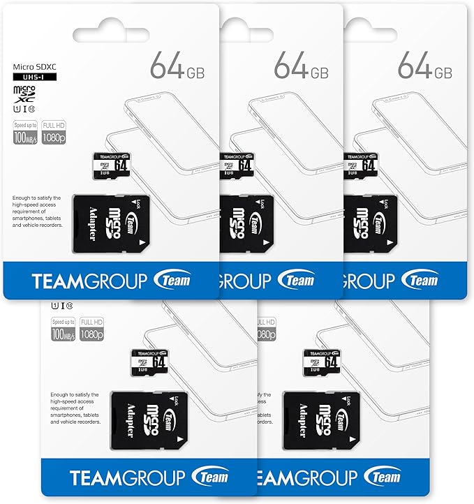 TEAMGROUP Micro 64GB 5 Pack UHS-I U1 Class 10 SDHC SDXC Read Speed up to 100MB/s High Speed Flash Meomry Card with Adapter for Camera, Surveillance, Full HD Shooting TUSDX64GCL10U63
