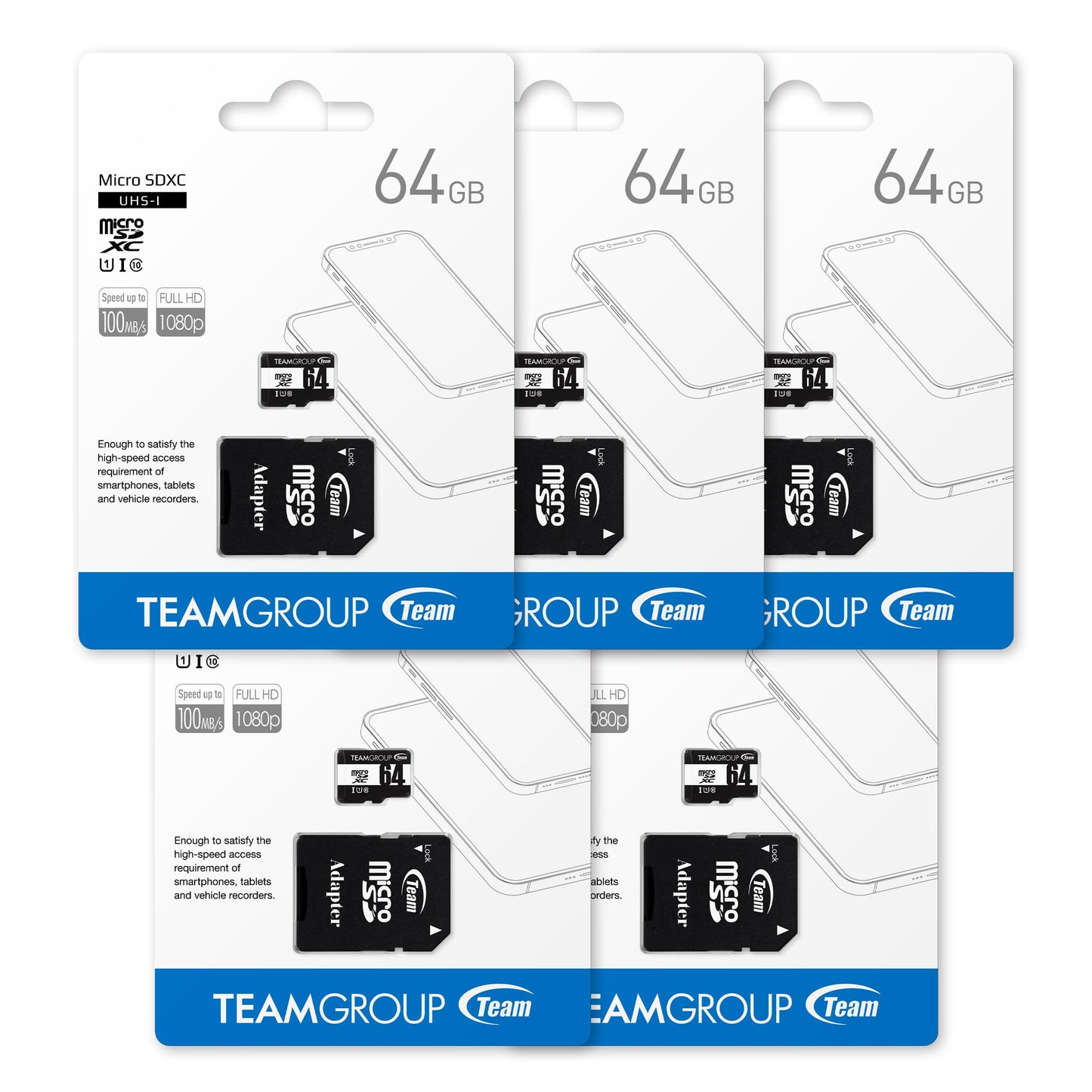 TEAMGROUP Micro 64GB 5 Pack UHS-I U1 Class 10 SDHC SDXC Read Speed up to 100MB/s High Speed Flash Meomry Card with Adapter for Camera, Surveillance, Full HD Shooting TUSDX64GCL10U63