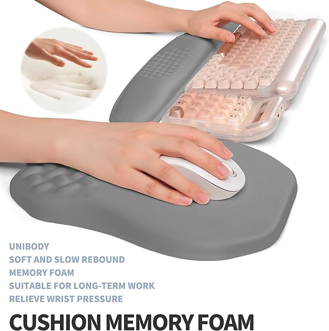 Gleamtide 2-in-1 Ergonomic Set, Wave Keyboard Wrist Rest and Massage Slope Mouse Pad Wrist Support, Rebound Memory Foam for Relieve Carpal Tunnel Syndrome and Wrist Pain (Dark Grey)