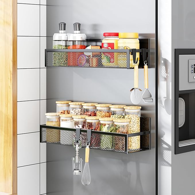 Magnetic Spice Rack for Refrigerator, 2 Pack Magnetic Shelf, Fridge Magnet Organizer with Moveable 4 Hooks, Magnetic Fridge Shelf for Kitchen Organization and Storage (2 Pack)