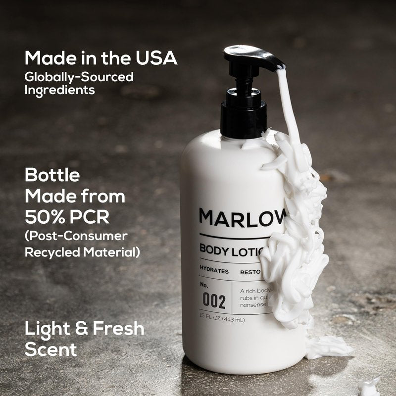 MARLOWE. Body Lotion for Men, 15 oz Pump, Hydrating & Nourishing Daily Moisturizer for Dry Skin, Non-Oily, Clean Vegan Formula with Aloe Vera & Amino Acids, Original Fresh Sage & Fir Scent