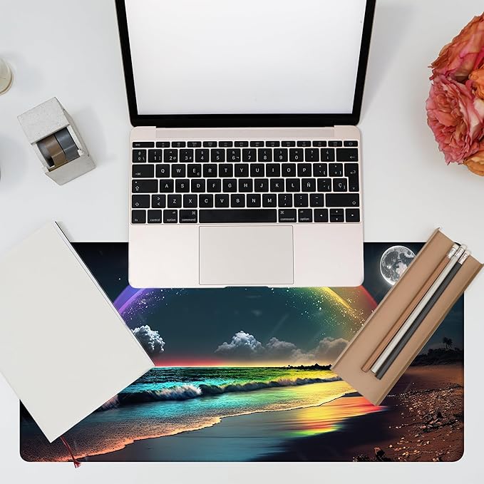 KOAIWPAE Desk Mat, Rainbow and Full Moon Desk Pad, Beach at Night Large Gaming Mouse Pad for Desk, 31.5"x15.7" Extended Big Computer Keyboard Mouse Pad with Non-Slip Base and Stitched Edge