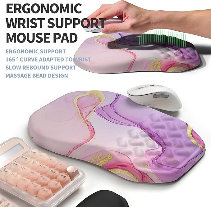Gleamtide 2-in-1 Ergonomic Set, Wave Keyboard Wrist Rest and Massage Slope Mouse Pad Wrist Support, Rebound Memory Foam for Relieve Carpal Tunnel Syndrome and Wrist Pain (Pink Purple Marble)