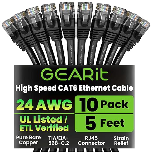 GEARit Cat 6 Ethernet Patch Cable 5 ft Black (10 Pack) Cat6 Patch Cables 5ft Black/Ethernet Patch Cable, 10Gbps 550MHz 24AWG Pure Copper, Snagless, Gold Plated RJ45 for Router, Server, Router, PC
