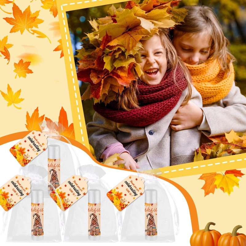 QAUYETM 50 Set Fall Gifts Lip Balms Bulk Fall Party Favors 6 Assorted Flavors with 50 Organza Bags and Cards Autumn Pumpkin Maple Leaf Chapstick Thanksgiving Gifts for Women Men Coworkers Guest