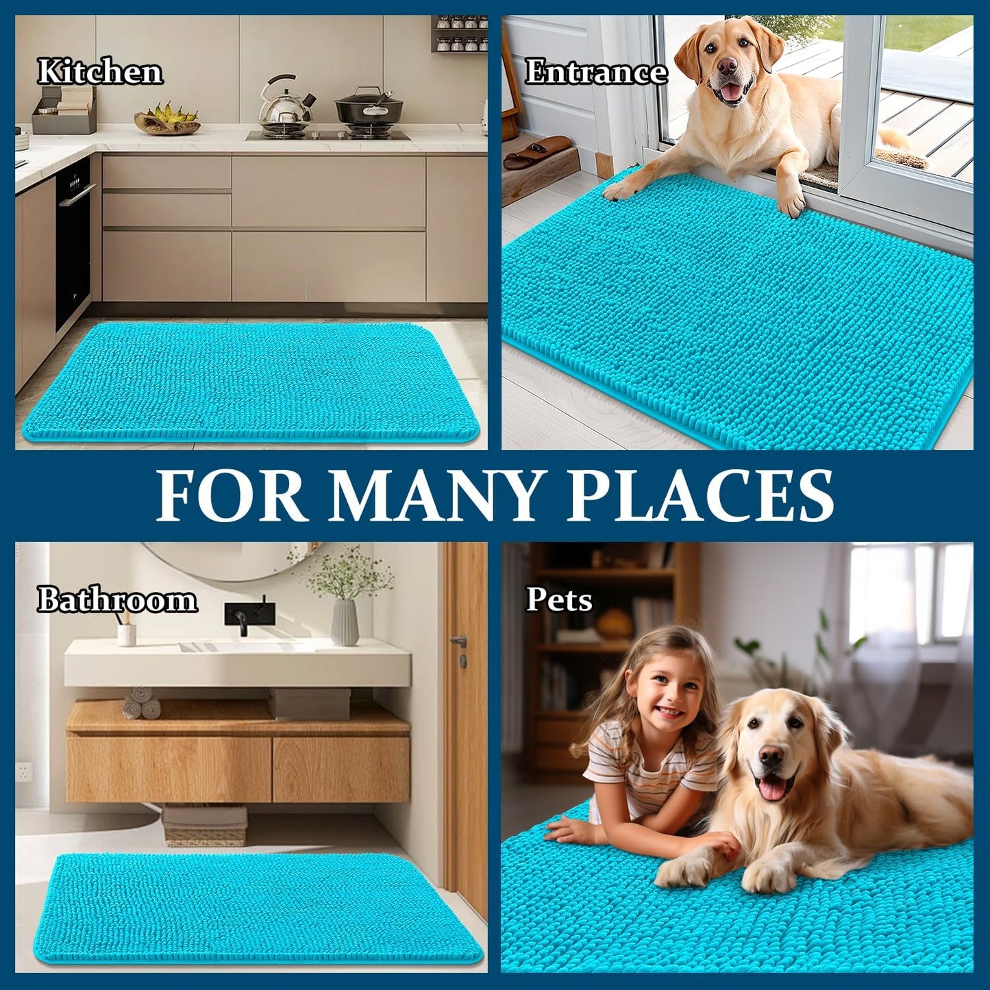 OLANLY Dog Door Mat - Absorbent Non-Slip Mud Mat for Muddy Paws | Quick Dry Chenille, 70x32, Aqua Blue