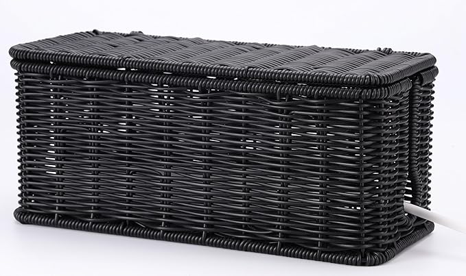 ZhiYo Rattan Cable Management Box, Black Cord Organizer, 12.5" x 5" x 5.2"