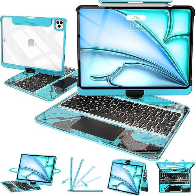Intermerge Transparent Case with Keyboard for iPad Air 11"(M4/ M3/ M2, 2026/2025/ 2024), Air 5th/4th, Pro 11" 2022-2018, 360° Swivel Multi-Touch Trackpad, 7-Color Backlit, Pencil Holder, Aqua Pulse