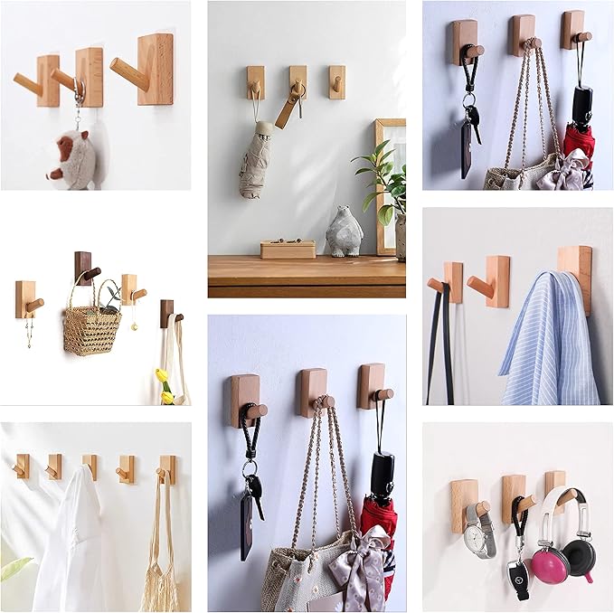 HomeDo Wall Hooks Hat Rack, Wooden Coat Hooks Wall Mounted, Decorative Hooks Single Organizer Hat Hanger Towel Rack, Heavy Duty Hooks (Rectangle-Beech,8P)