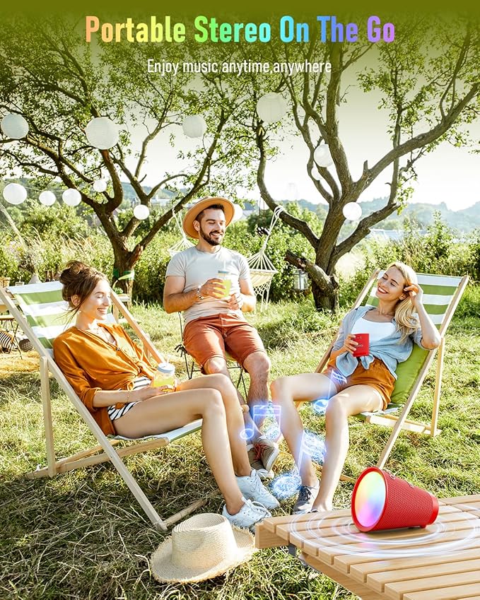 Gladorn Portable Bluetooth Speaker Wireless with 9 Color Lights, 20H Playtime, Stereo Pairing, Deep Bass, IPX6 Waterproof, Bluetooth 5.3, Small Speaker for Home, Party, Outdoor, Camping, Beach, Gift