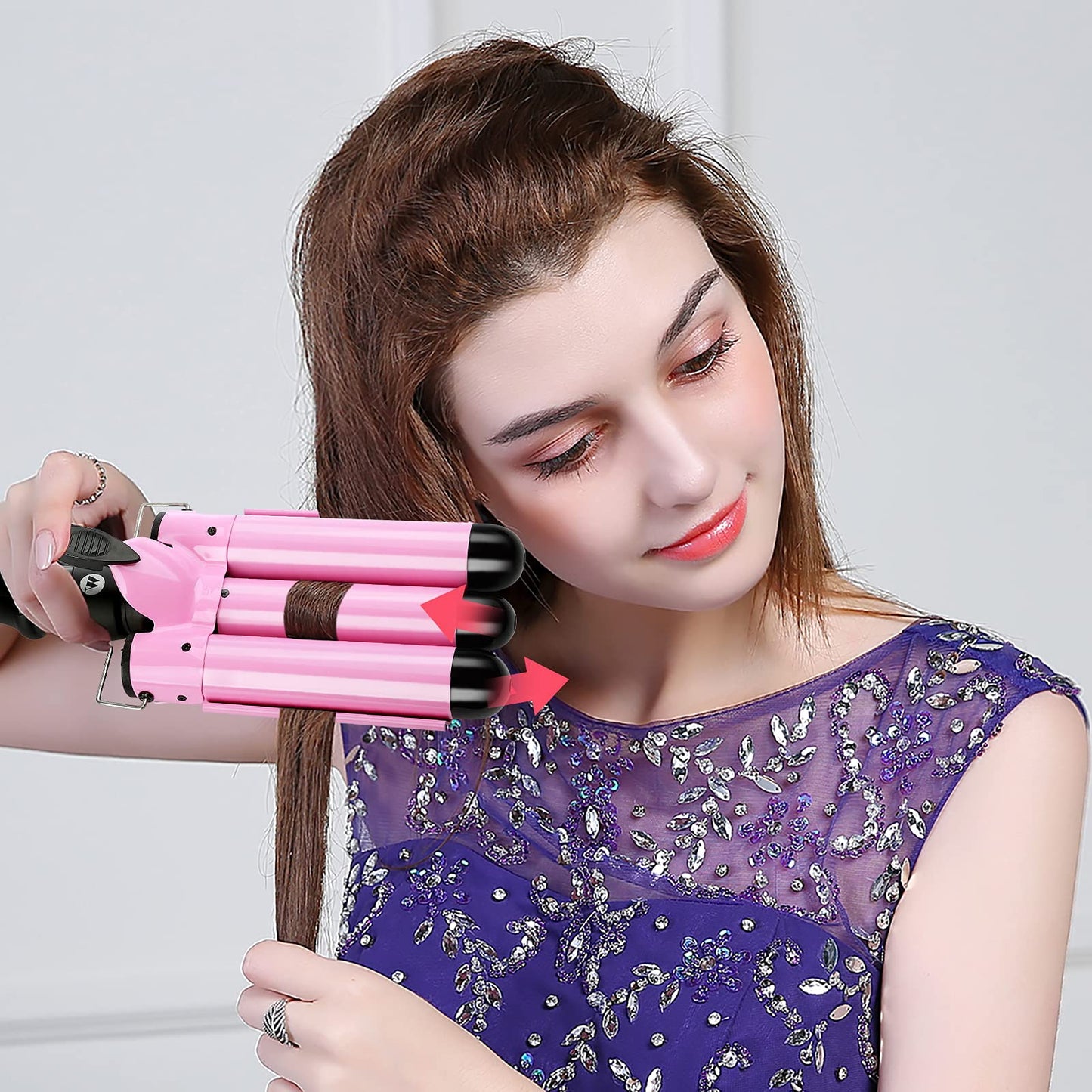 SOMOYA 3 Barrel Curling Iron, 1 Inch Hair Waver with LCD Display, Temperature Adjustable Ceramic Beach Hair Waver Wand for Women (1.26Inch, Pink)
